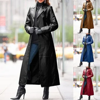 Женское осенне-зимнее однобортное кожаное пальто 2023, длинное пальто из искусственной кожи, Тонкий тренч, Женская одежда