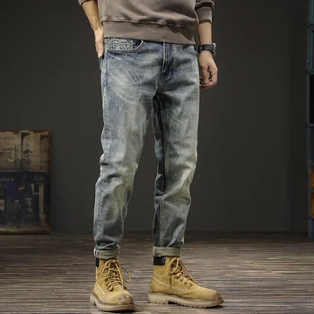 Модные Дизайнерские мужские джинсы в стиле ретро, Синие Эластичные облегающие рваные джинсы, Мужские Высококачественные Винтажные джинсовые брюки в итальянском стиле Hombre