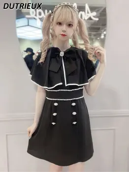 Милое Женское черное платье с коротким рукавом и пуговицами, новинка лета 2023, Милое платье с бантом в японском стиле для женщин