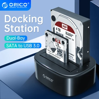 Док-станция для жесткого диска ORICO с двумя отсеками для 2,5/3,5-дюймового жесткого диска SSD SATA-USB 3,0, док-станция для жесткого диска с адаптером питания 12V3A