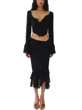 Женский сексуальный кружевной укороченный топ из 2 предметов и юбка-карандаш с высокой талией, комплект для вечернего выхода, элегантное облегающее вечернее платье