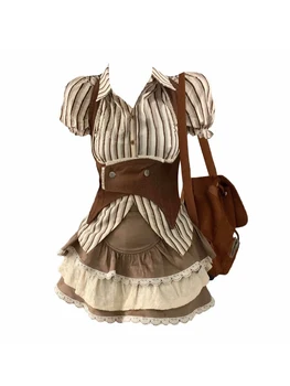 Женский винтажный наряд в стиле Лолиты, 2 предмета, с отворотом, короткий рукав, Классическая рубашка в полоску, тонкая рубашка + мини-юбки с кружевными оборками трапециевидной формы