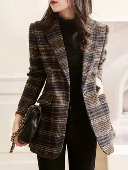Куртки для женщин 2023, осенне-зимний корейский модный клетчатый блейзер с отложным воротником, пальто, короткая шерстяная куртка, офисные женские костюмы