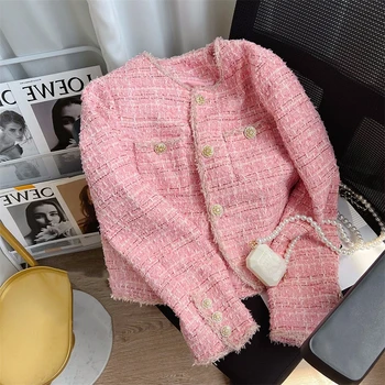 Женское весеннее розовое твидовое пальто, простая темпераментная осенняя новинка, Корейская Повседневная Свободная короткая куртка с круглым вырезом и небольшим ароматом