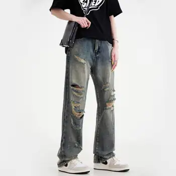 Летние мужские джинсы с вырезами, легкие широкие брюки, модные брюки в стиле хип-хоп, повседневная прямая мужская одежда