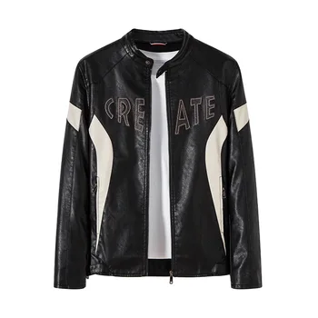 Мотоциклетная куртка с воротником-стойкой из тонкого бархата 2022, Весенне-осенняя теплая куртка из искусственной кожи контрастного цвета, Мужская одежда