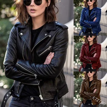 Зимняя куртка Женская 2023, Новая мотоциклетная кожаная куртка, Весенне-осенняя Женская Короткая Тонкая Кожаная куртка, пальто для женщин