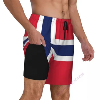 Мужские плавки с 3D рисунком Флага Норвегии с компрессионной подкладкой, 2 в 1, Быстросохнущие летние шорты для плавания с карманами