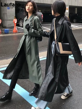 Lautaro Демисезонный Длинный черный Зеленый тренч из искусственной кожи для женщин, свободный повседневный непромокаемый плащ, корейская мода