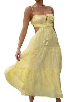 Женское Элегантное платье Макси с открытыми плечами, гофрированным подолом и открытой спиной - Стильное струящееся платье А-силуэта для повседневной носки