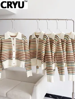 2022 Корейский модный свитер осень-зима, женский свитер с отложным воротником, винтажный полосатый трикотаж, топы с длинными рукавами и пуговицами в виде сердца, кардиган
