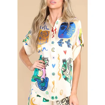 Летняя Женская Элегантная атласная свободная рубашка с принтом, блузка, повседневная модная приталенная футболка с коротким рукавом, уличная одежда Y2K
