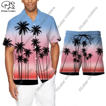 Гавайский пляжный летний гавайский комплект, гавайская рубашка с 3D принтом + пляжные шорты, мужская и женская одежда с пальмами и кленовыми листьями