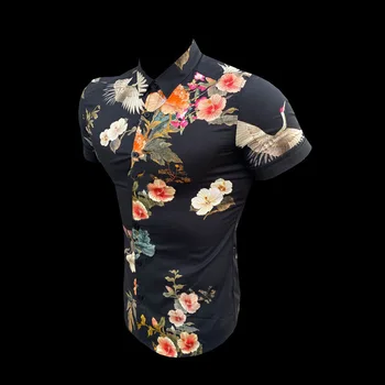 Новый Мужской Модный Кардиган С 3D Рисунком Журавля, Мужская Тонкая Рубашка с Лацканами и коротким рукавом, Топ, Рубашка с цветочным принтом, A3273