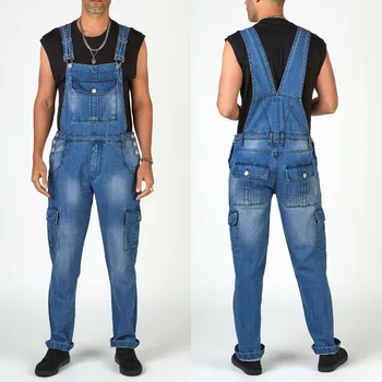 2021 Модный мужской джинсовый комбинезон с несколькими карманами, Подростковый комбинезон, джинсовые брюки