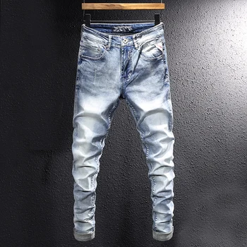 Модная уличная одежда, мужские джинсы, ретро светло-голубые Эластичные облегающие Рваные джинсы, Мужские Винтажные Дизайнерские повседневные джинсовые брюки-карандаш Homme