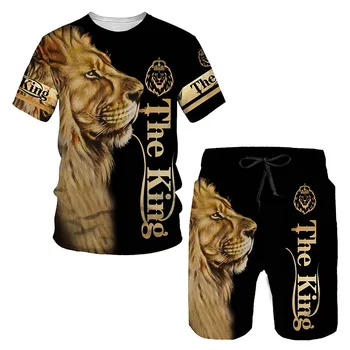 Мужская футболка и шорты с 3D принтом King Lion, Уличная одежда Высокого Качества, Мужской Повседневный Свободный Спортивный комплект из двух предметов Большого размера