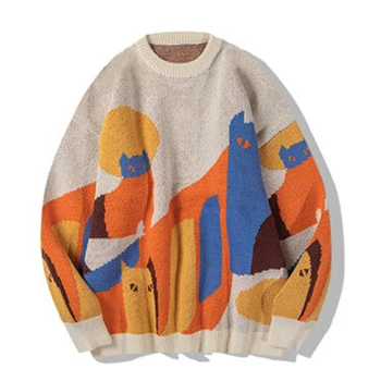 2022 Свитер с абстрактным принтом Кота, Большой размер, Теплый эластичный свитер Для мужчин, женщин, Осень-зима, Тонкий Модный мягкий вязаный свитер