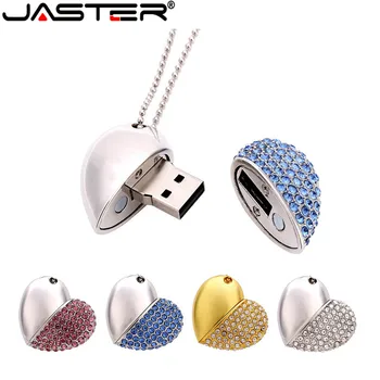 JASTER металлические бриллиантовые USB-флешки в форме сердца в форме сердца с цепочкой, 4 ГБ, 8 ГБ, 16 ГБ, 32 ГБ, ожерелье, карта памяти