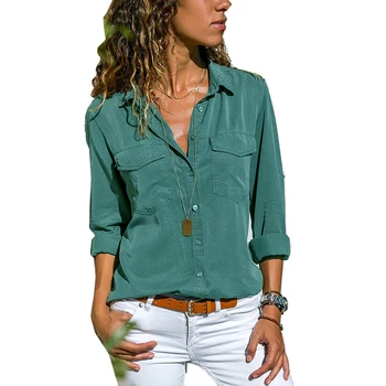 Женская блузка с длинным рукавом S-5XL 2023, весна-осень, офисные женские рубашки с отложным воротником на пуговицах для женщин, повседневная модная одежда