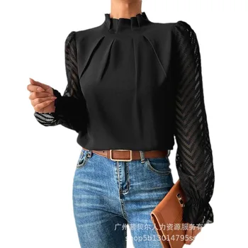 Элегантная женская рубашка-топ с рюшами 2023 Y2K INS, футболка с длинным рукавом-фонариком и воротником-стойкой с рюшами