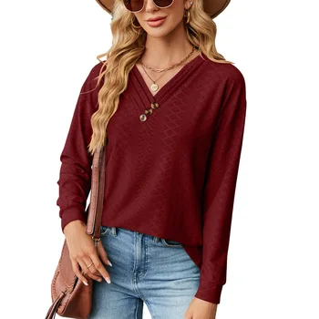 Осенне-зимняя модная женская футболка, новая однотонная блуза с V-образным вырезом и пуговицами, Свободная блузка с длинными рукавами