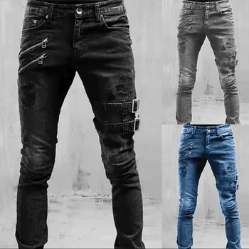 Модные мужские джинсы с высокой талией Весна Лето, уличная одежда для бойфренда, мотоциклетные узкие повседневные джинсовые брюки, джинсы Прямые брюки