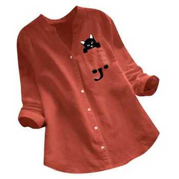 2023 Женская рубашка; Новые повседневные свободные топы с длинными рукавами и карманом с рисунком кота; Хлопковая льняная блузка с V-образным вырезом и пуговицами; Женские футболки