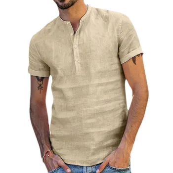 Летняя мужская повседневная одежда, однотонные футболки с воротником-стойкой Для мужчин, хлопковая льняная рубашка с короткими рукавами на пуговицах 2021
