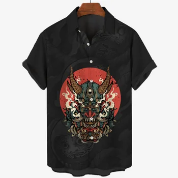 2023 Мужская рубашка с принтом самурая, Отпуск на Гавайях, Дышащий мужской топ с короткими рукавами, Свободная рубашка большого размера, Повседневная одежда
