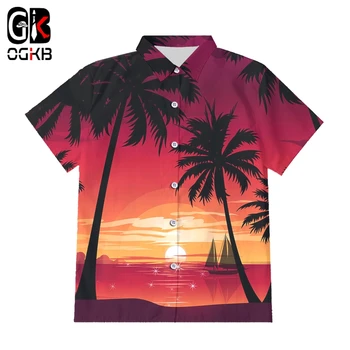 OGKB Sunset Кокосовая Пальма Гавайская Рубашка на Пуговицах с 3D принтом, Мужская И Женская рубашка с коротким Рукавом, Тонкая Уличная Одежда в стиле хип-Хоп, Оверсайз