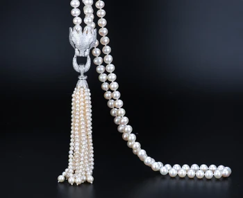 AAA + натуральное 8-9 мм белое ожерелье из пресноводного жемчуга с инкрустацией в виде головы леопарда, циркон, 5-6 мм, цепочка для свитера с кисточками, ювелирные изделия