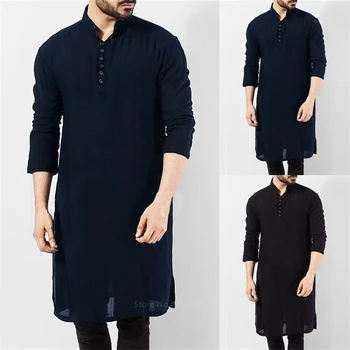 Исламская одежда для мусульман, модные мужские Длинные халаты, Однотонная арабская простая повседневная мужская рубашка Jubba Thobe