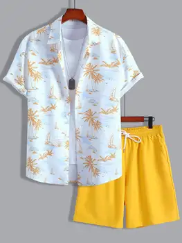 Мужская рубашка с тропическим принтом и шорты с завязками на талии без футболки
