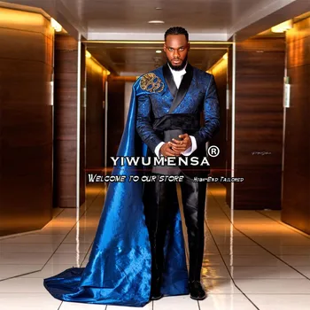 Синий жаккардовый мужской костюм, 2 предмета, приталенный, сшитый на заказ с поясом, Модный Дворец, Элегантная одежда для жениха, Свадебный смокинг, комплект для выпускного вечера